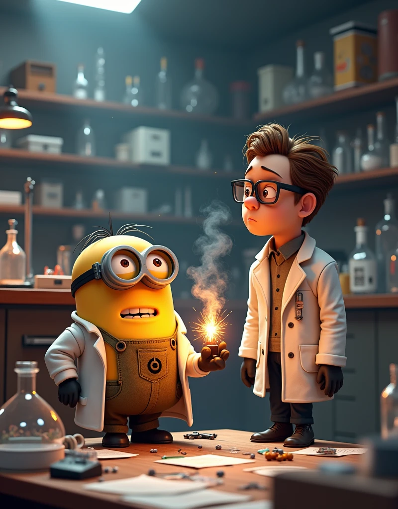 Laboratory in chaos, Minion Bob wearing a scientist suit holding a smoking flashing failed exploding struart looking at Bob with a confused look