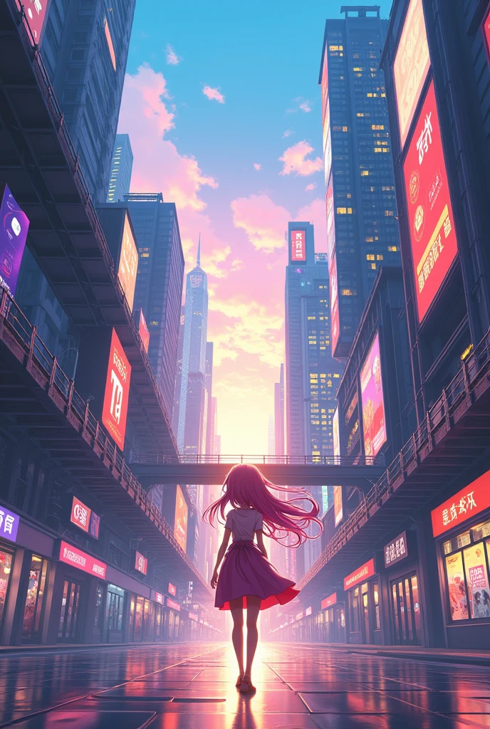 An anime girl with a cityscape that the girl is walking through 