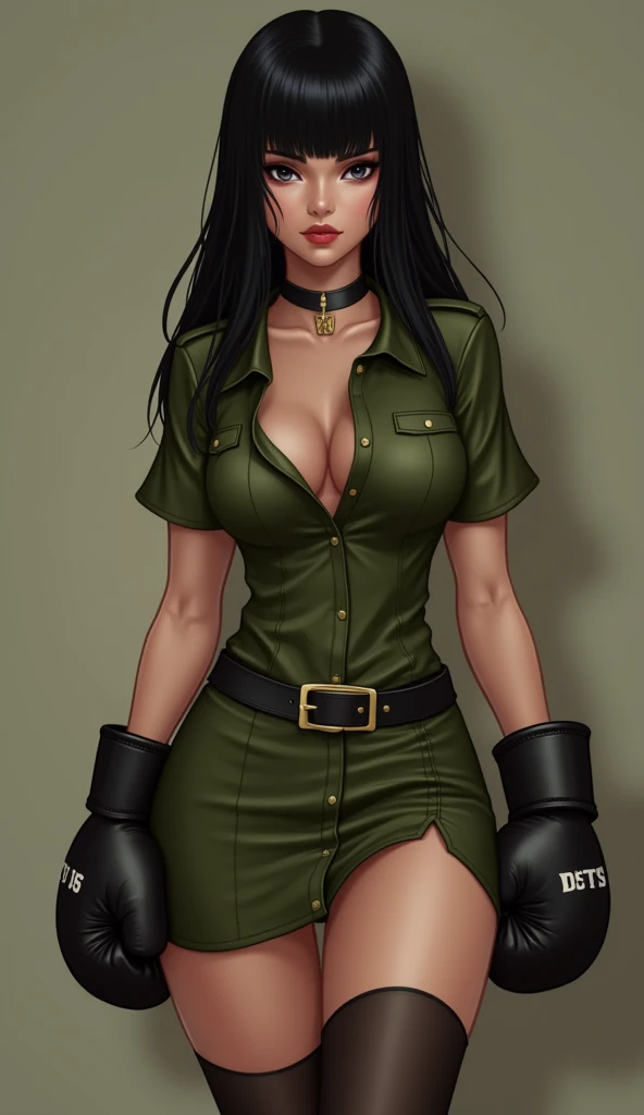 Sexy soldier, olive green leather shirt, skirt, jet-black hair, boxing gloves,