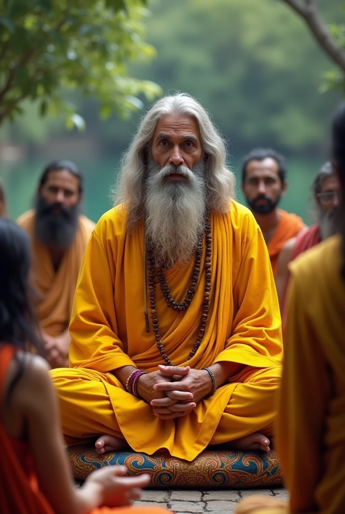 Sadhu in yellow attire, long beard, mustache, sitting on asan, preaching to his devotees