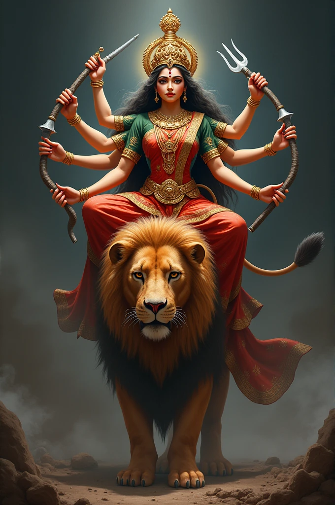 Maa durga sitting on lion with the 8 hands and all weapons wearing Shari wit dark background