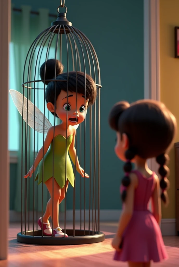 Pixar 4D image,  tinkerbell exactly like the original, green dress, but with black hair, brown skin, dark shaped eyes, trapped in a cage with fear, with a cute  Pixar girl looking at her from afar, behind tinkerbell , Out of the cage, with knee-length pink peasant dress, two braids in the hair, maroon hair, dark shaped eyes, Caucasian skin, in her room, tinkerbell bigger than the  