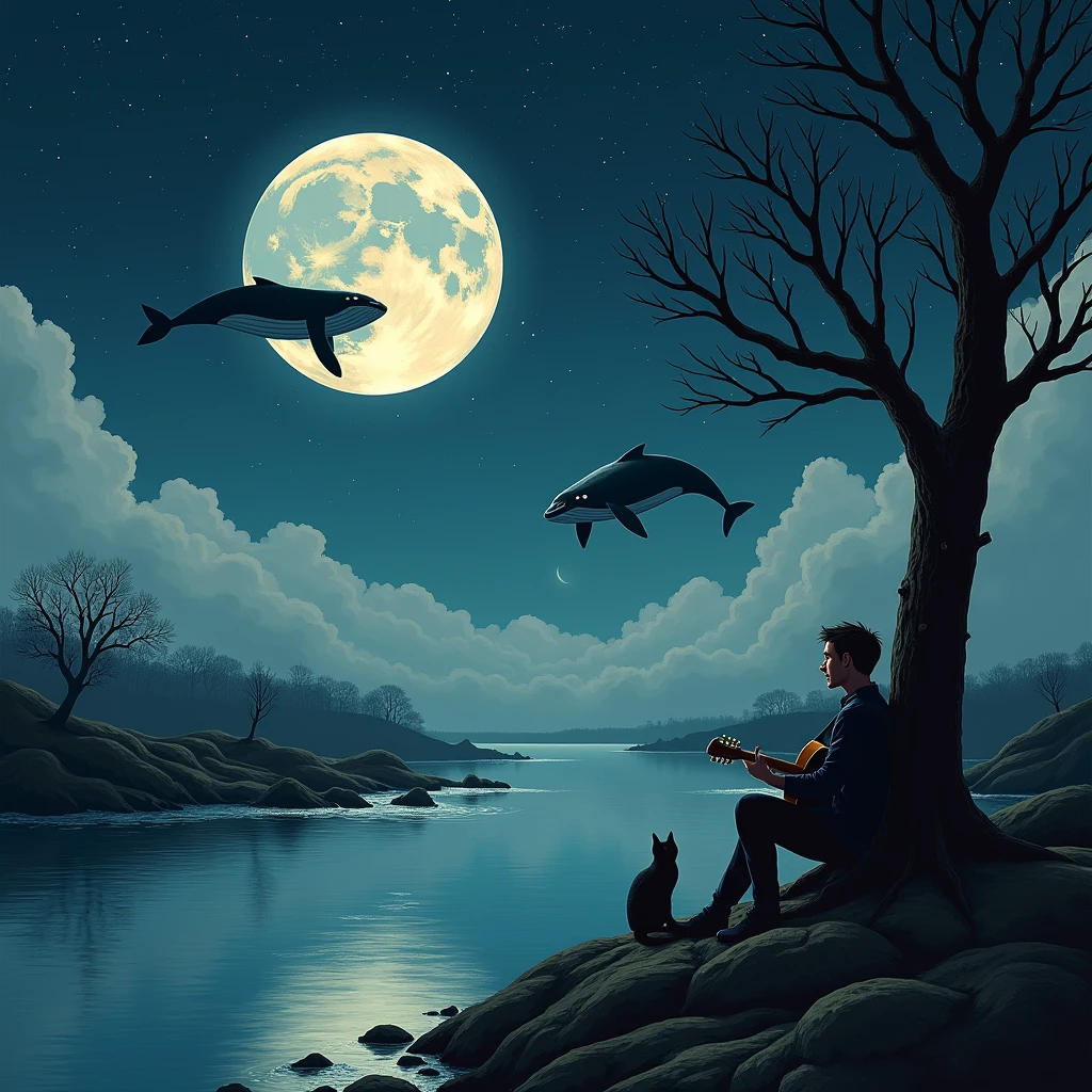 Starless and cloudy sky with full moon and two whales floating near moon near a serene river and a leafless tree on the side and a guy wearing a leaning on a tree playing guitar and a cute cat sitting near the guy
