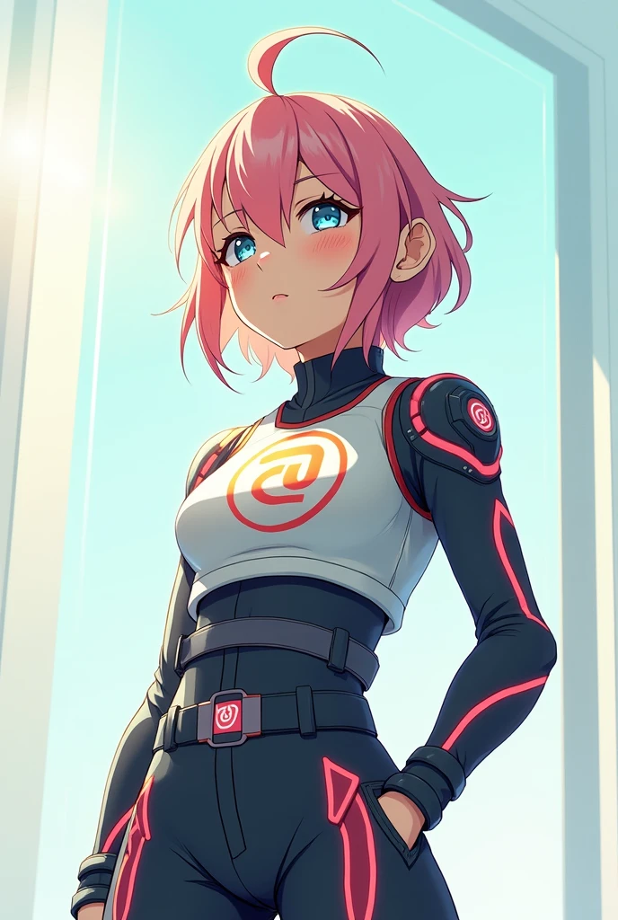 An anime-style teenager wearing a futuristic outfit, with logo &#39;@Astronot_01&#39; is clearly visible in the middle of his chest.. This character stands in a neutral and bright environment., with a curious and interested facial expression on something off screen. The background is minimalist, highlights the focus on the anime teen and the logo on his chest