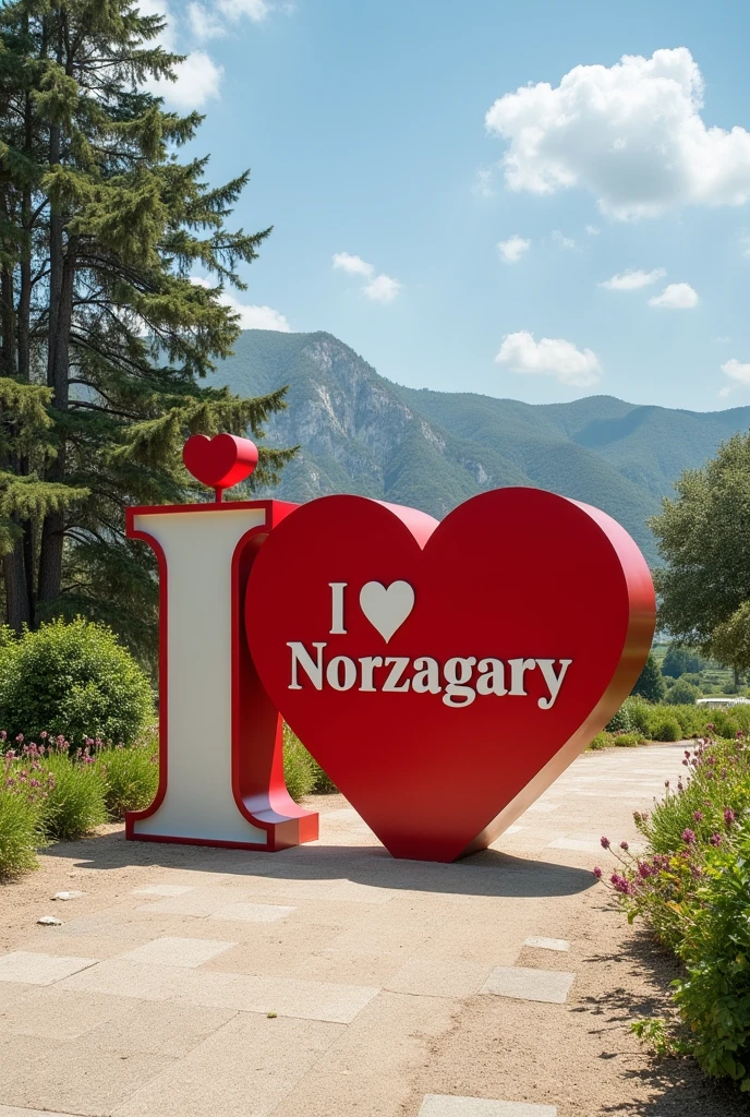 Can you make a " I ❤️ Norzagaray" viewtype with a viewdeck on the back of it, like humans can take a picture near at the "I ❤️ Norzagaray",  also make the background like nature view and make a viewdeck on the back of  "I ❤️ Norzagaray". make the " I ❤️ Norzagaray" is on the ground.
 make the image clear nd make the spellings are correct