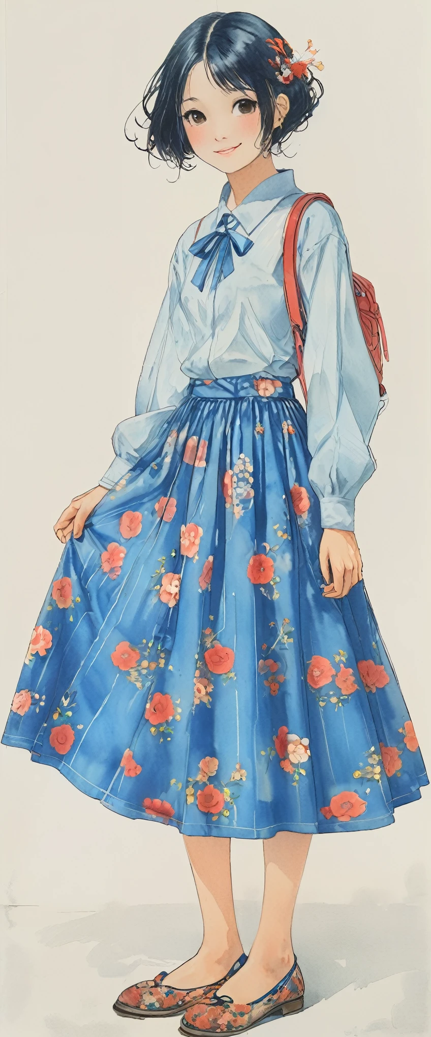 style of Kawanabe Kyosai, Asian、high school girl、Bobcut、A long-sleeved shirt with a blue stripe on a white background、Blue long skirt、Floral Background、smile