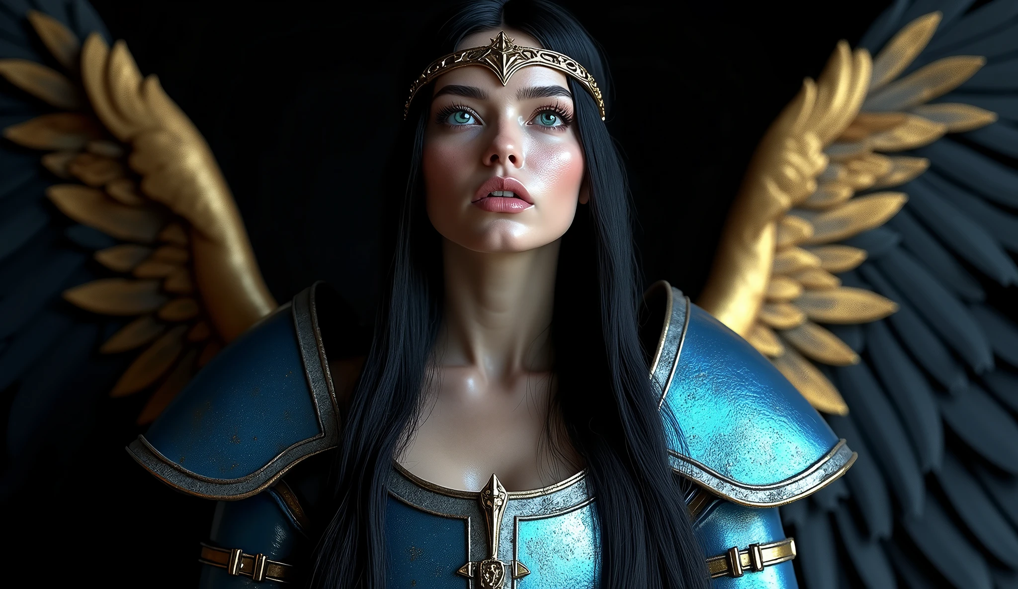 GORGEOUS WINGED VALKYRIE , WARRIOR WOMAN, BUST IMAGE STYLE, STUDIO IMAGE STYLE, BLACK INFINITE BACKGROUND, DIFFUSED LIGHTS ON FACE, BACK LIGHTS ON HAIR, HUGE GOLDEN WINGS, BLACK FEATHERS, VERY BLACK HAIR, CLOSE FACE SHOT, HUGE LONG HAIR, HUGE STRAIGHT LONG HAIR, BRAID HAIR STYLE, PLATINUM EYEBROWS, VERY PALE SKIN, LUMINOUS SKIN, TURCOISE BLUE EYES, LUMINOUS EYES,LOOKING UP, MEDIEVAL STYLE, HIGH CHEEKBONES, ROSY CHEEKS, GORGEOUS LIPS, SOFT LIPSTICK, GORGEOUS CURVY BODY, SOFT MUSCLES, VOLUMOUS BREASTS, BLUE ARMOUR, SILVER DETAILS, FULL BODY ARMOUR, FLAT BOOTS, NECK CLEAVAGE, LONG BRACELETS, GOLD DETAILS, GOLDEN HEADBAND , ENIGMATIC FACE EXPRESSION, SIDE FACE VIEW, EYES LOOKING UP, TOLKIEN MITHOLOGY, HIGH QUALITY IMAGE, MASTERPIECE, 8K