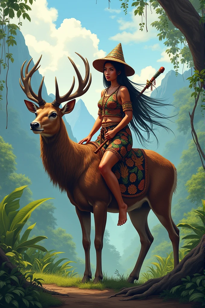 (masterpiece, best quality: 1.3), 8K, illustration, super detailed, very detailed, (1 Dayak person, solo), Dayak traditional clothing, long hair, Dayak hat, carrying a mandau (riding animal, deer, brown deer), ( (Kalimantan forest), mountain background view, bright colors, soft shadows, absurd