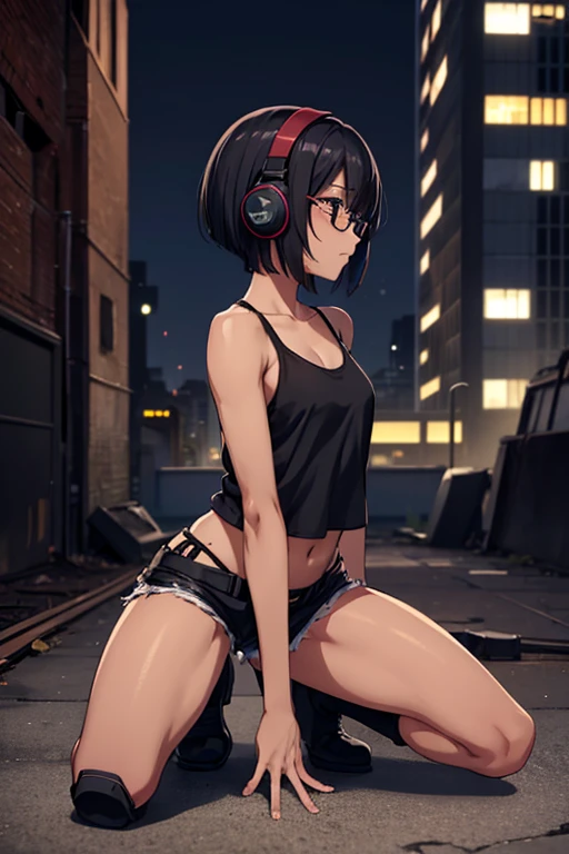 Anime Art、Full body portrait、Abandoned building rooftop at night、soldier、A dark-skinned woman, about 1, about 155 cm tall, wearing a black tank top and black shorts, kneeling and holding a sniper rifle、Glasses、headset、Hairstyle: Short bob、Black Hair、Crying face、Dark Eyes、boots、profile、Flat chest