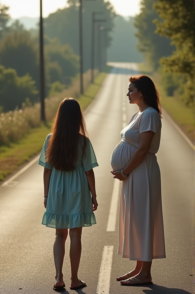 Give me a image of prgnant lady and her sister waiting on the road