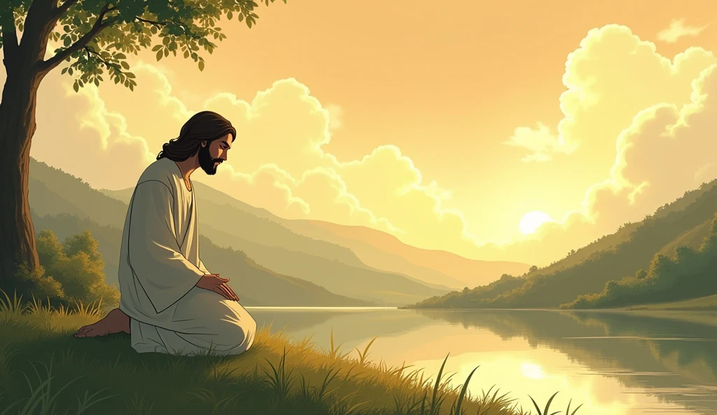Ghibli-style 'Jesus Kneeling and Praying', Jesus is located at the far left edge.
