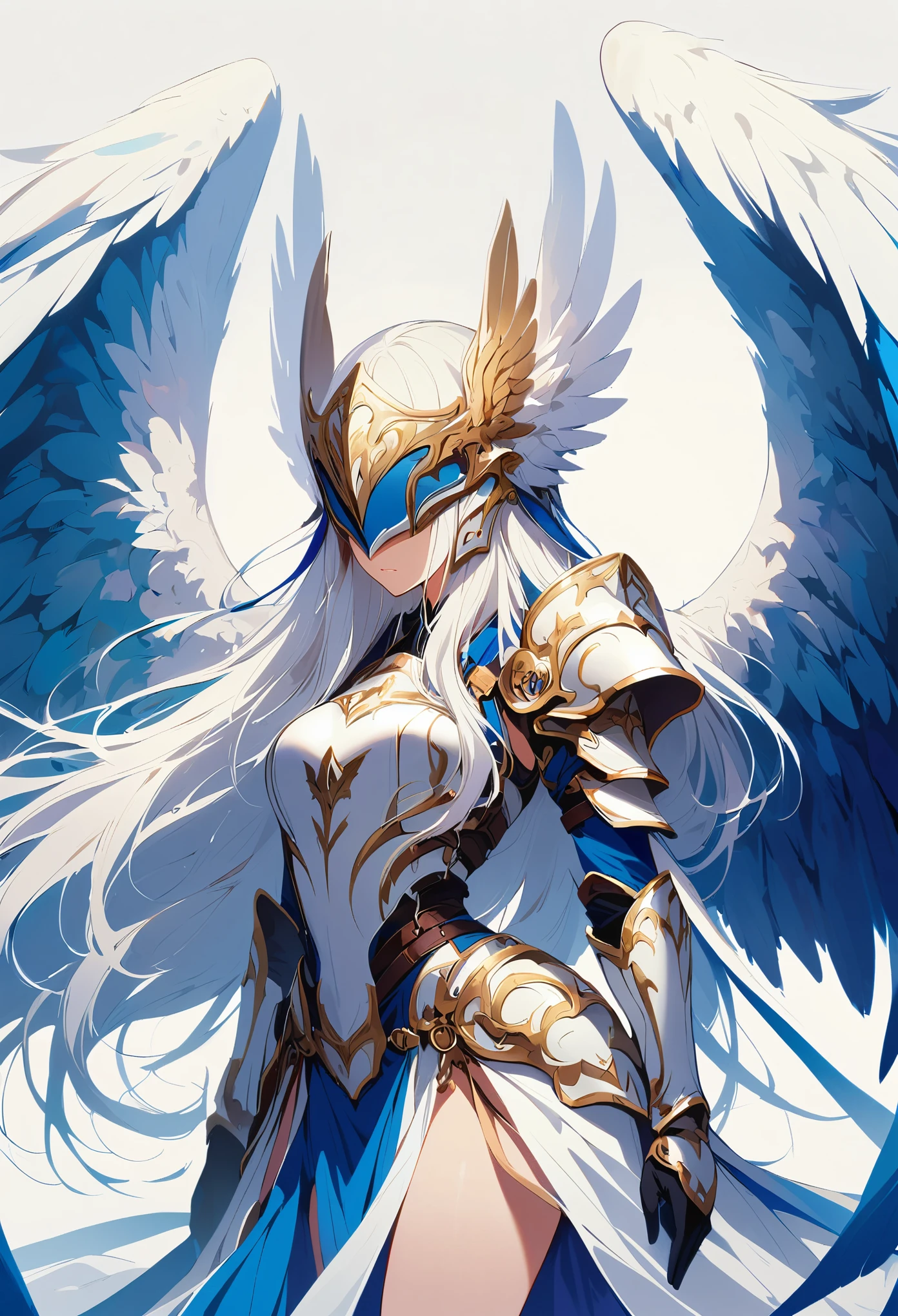 1girl angel mask angel_wings armor feathers_Long wing feathers_Hair Shoulder Armor Shoulder_Armor single piece_Upper wing separation_The body is white_Theme blue_Wings Wings