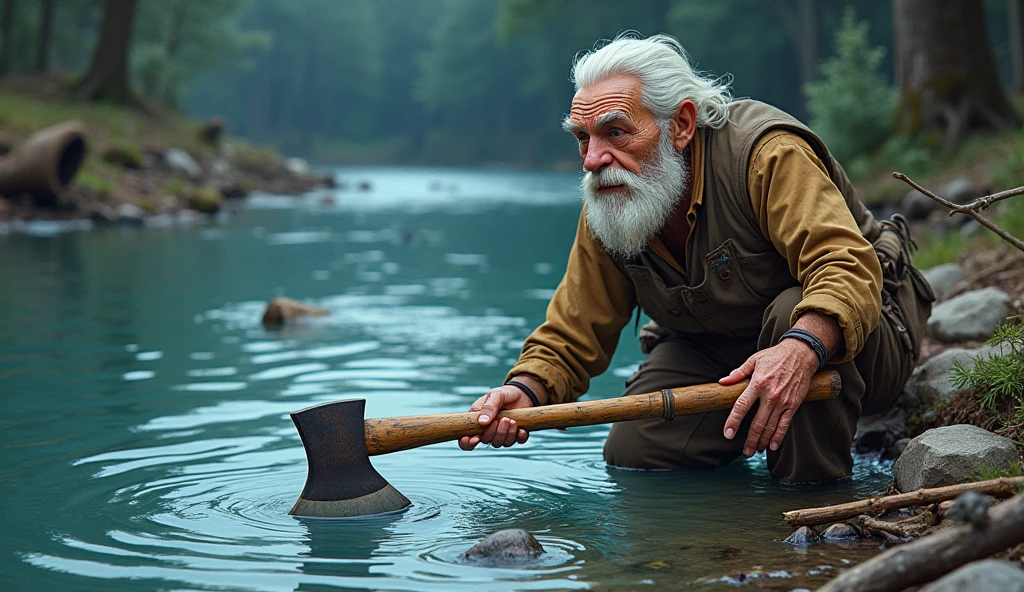 Poor old boy The river was deep, and the woodcutter could not retrieve it. And axe was 
 In the river water miss out cartoon 