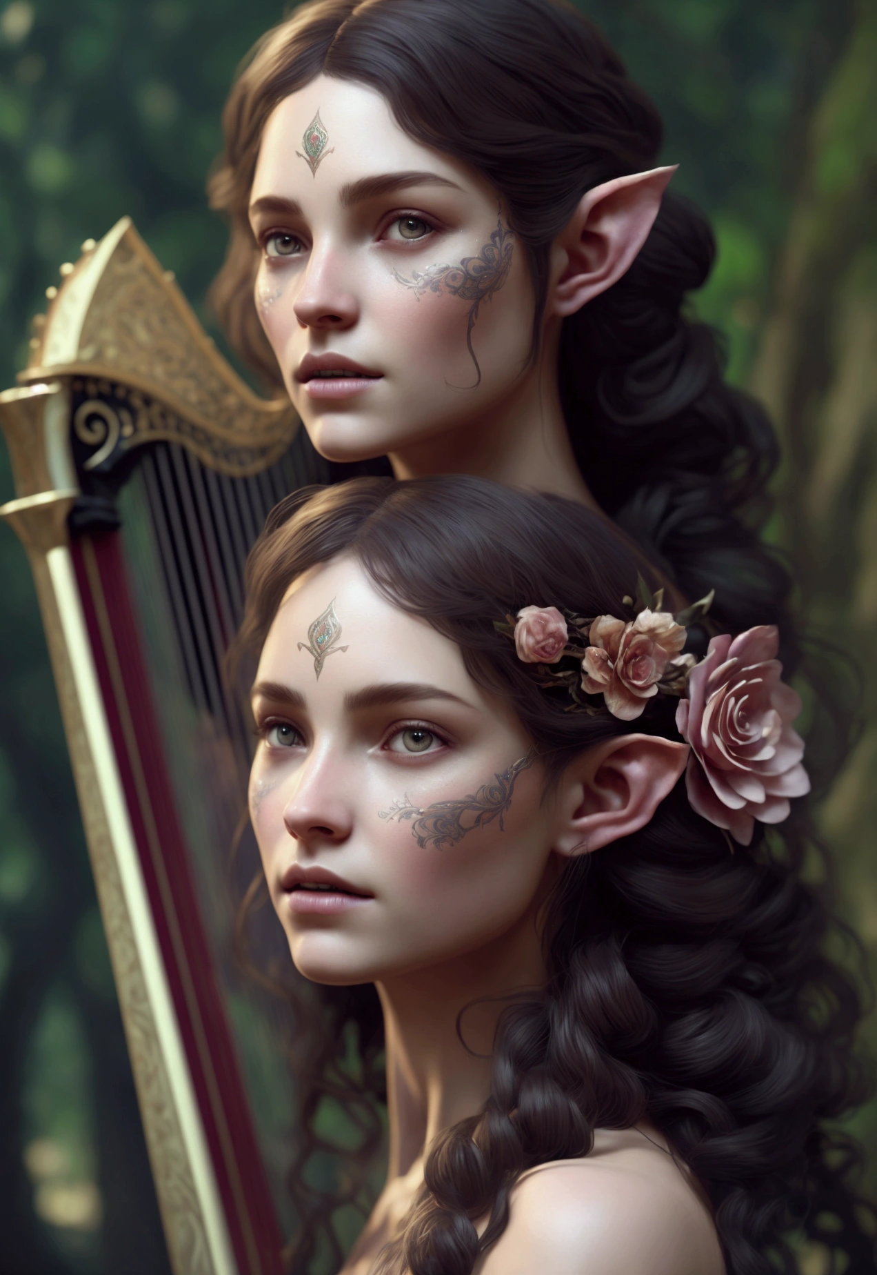 DND character, Elven Maiden, Elf, dark hair, long messy curls, strong. Playing a small harp, (symmetry: 1.1) (floral portrait: 1.05) a mulatto woman as a FAIRY OF THE FOREST, (assassins creed style: 0.8), pink and gold and opal color scheme, beautiful and intricate filegrid face painting, intricate, elegant, highly detailed, digital painting, art station, concept art, smooth, sharp focus, illustration, art by Greg Rutkowski and Alphonse Mucha, 8K