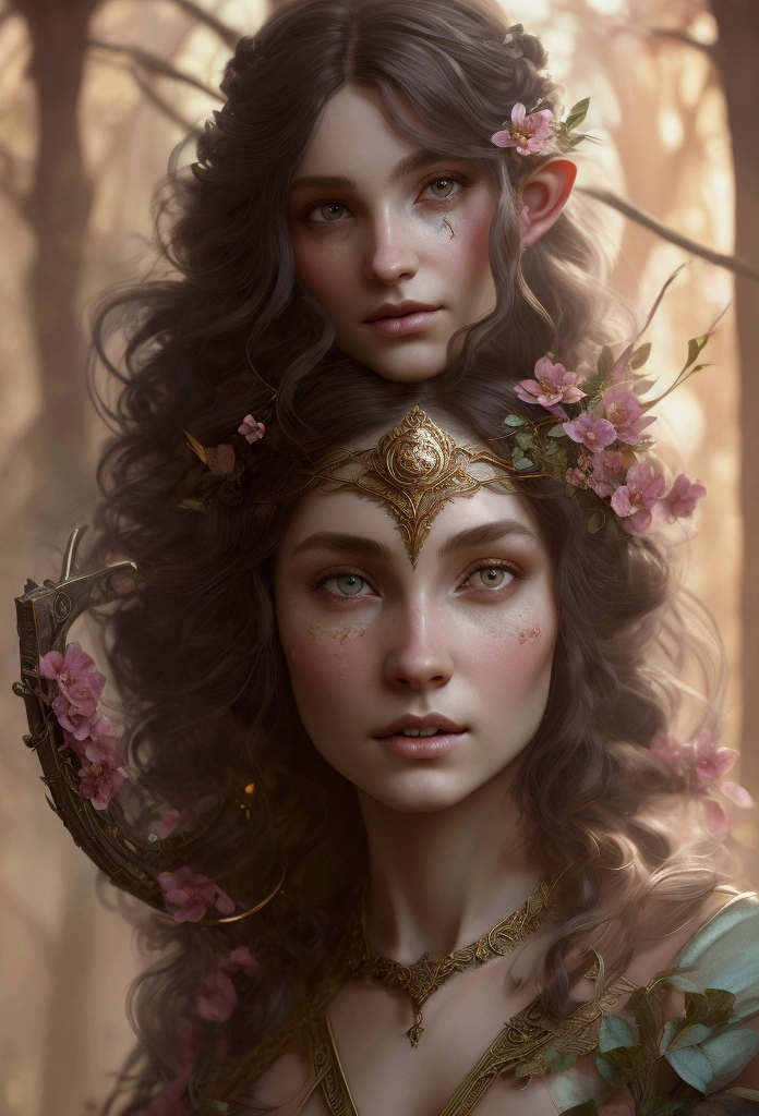 DND character, Elven Maiden, Elf, dark hair, long messy curls, strong. Playing a small harp, (symmetry: 1.1) (floral portrait: 1.05) a mulatto woman as a FAIRY OF THE FOREST, (assassins creed style: 0.8), pink and gold and opal color scheme, beautiful and intricate filegrid face painting, intricate, elegant, highly detailed, digital painting, art station, concept art, smooth, sharp focus, illustration, art by Greg Rutkowski and Alphonse Mucha, 8K