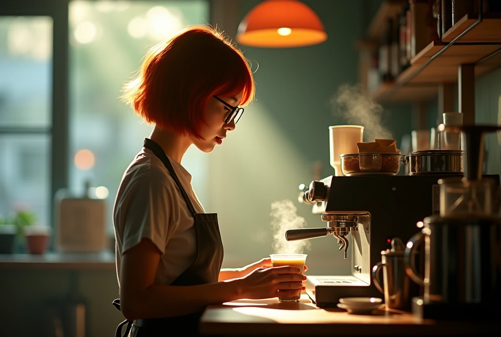 ((very sharp photo result, photo-realistic:1.37)) (Best Quality, 8k), (high res, masterpiece 1.2), (Ultra-detailed)(((magical ))) backlight shade silhouette shoot of a pretty japanese barista woman with short red hair, big clear glasses, apron preparing the coffee, shade photography, in an artsy edgy colorful striking cozy cafe, barista corner table with classic & steamy coffee maker machine that steam and brew a cup of hot coffee, interior: smooth pale green & natural wood dominated theme color, shadow & light, realistic skin texture,detailed eyes and lips,beautiful detailed face,long eyelashes,smooth skin,natural body shape