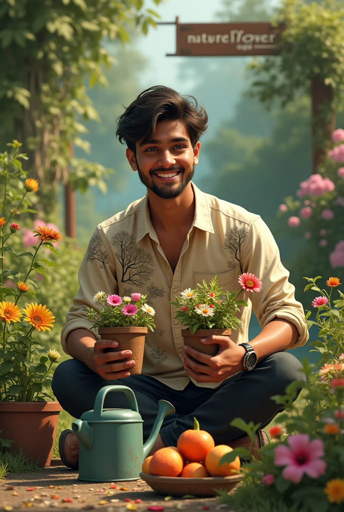 Imagine An indian 18-year old adult boy is sitting on a flower in the midst of flower garden and plants and is holding two flowers in his hands. He is holding two plant tub with two flowers and fruits with his two hands, the boy wears a shirt In which many trees and leaves are painted, He has no thick mustache but a mustache line, a light beard along the jawline, a smile on his face,And behind him is a stream flowing,in his one hand he wear a watch,In front of him is a watering can and some flowers and fruits held up in a basket.An entering board behind him reads "Naturelover_arijit".