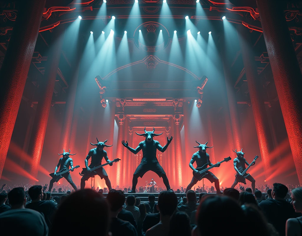 Chinese mythology，Bullhead，Horse face，rock band，Concert stage，temple background，Night，A crowd，detail，Surreal，masterpiece，8K wind resolution，overclocked renderer，