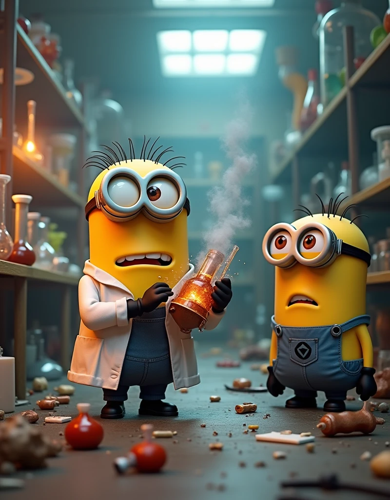 Laboratory in chaos, Minion Bob in a scientist suit holding a smoking, flashing, failed, exploding experimental device Minion struart stands looking at Bob with a confused expression