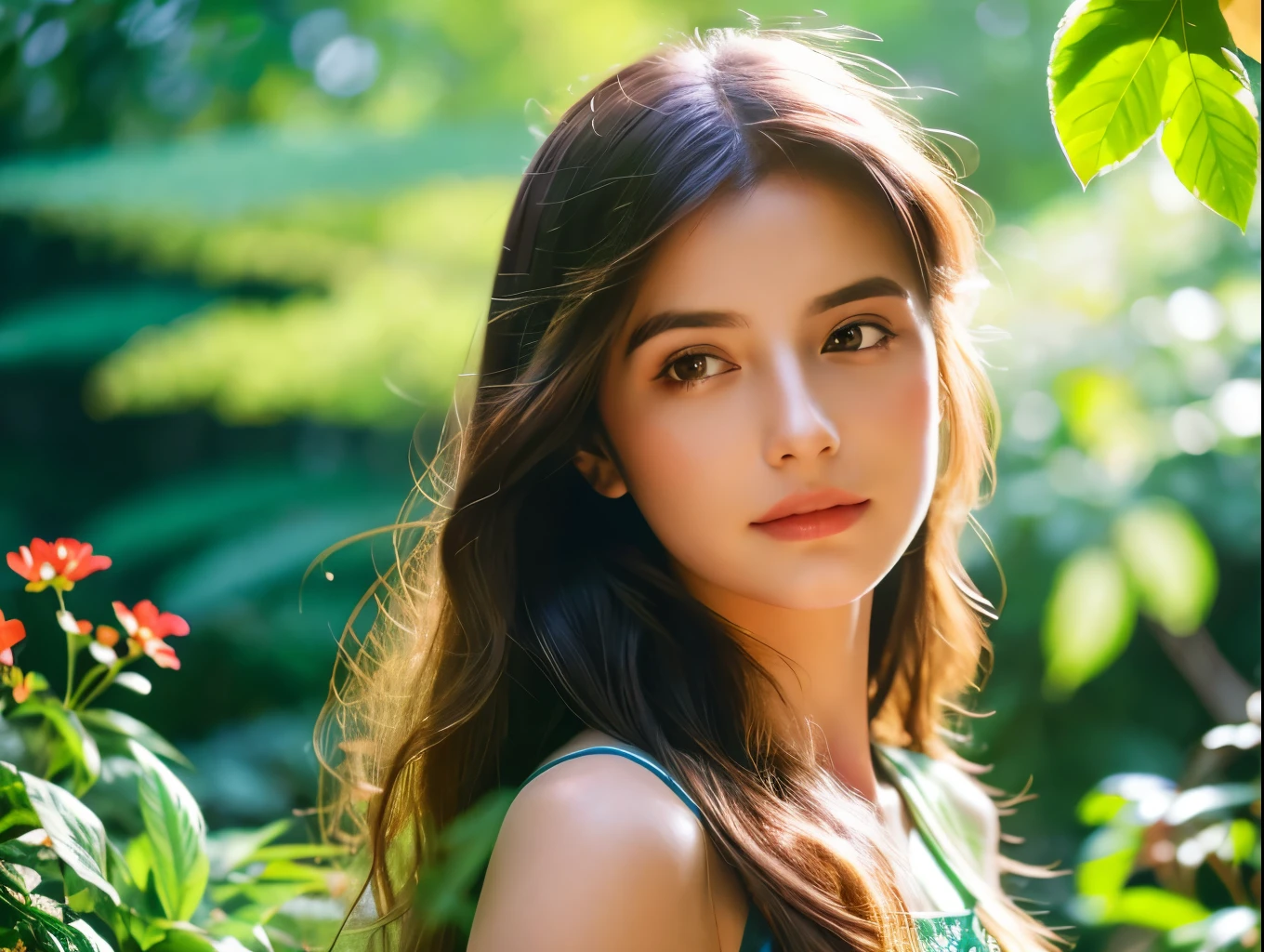 a beautiful girl in a lush garden, long hair, detailed face, elegant dress, serene expression, sunlight filtering through the trees, colorful flowers, detailed foliage, vibrant colors, 4k, ultra-detailed, photorealistic, natural lighting, cinematic composition, digital painting