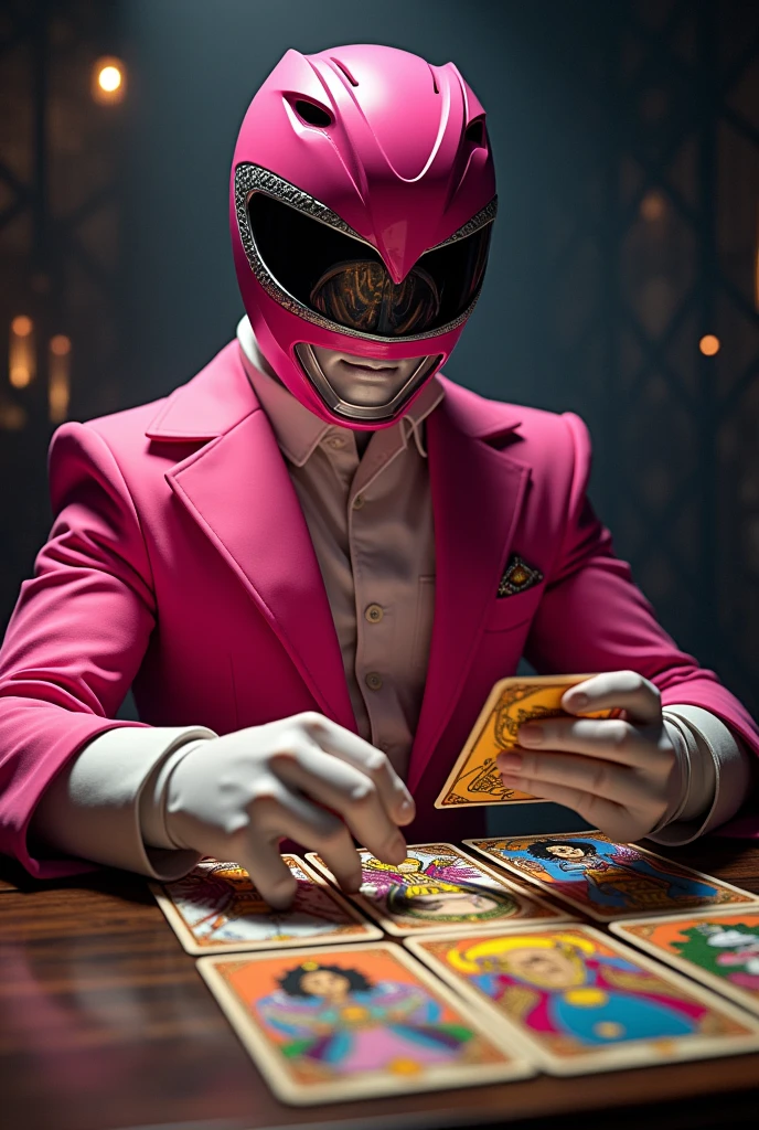 Silvio Santos reading a gypsy deck dressed as a pink Power Ranger
