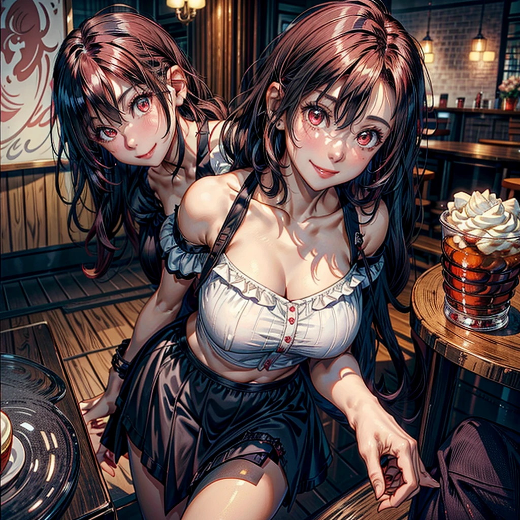 women, short white curly hair, Red eyes, short black skirt, Curly hair, light pink off-the-shoulder blouse, mischievous smile, flirtatious smile, Broad smile, mischievous face, chest a little big, standing with his back to her leaning on a table in a cafe.