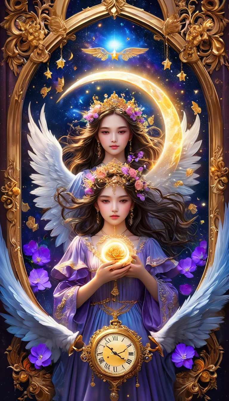 The world of tarot cards、Starry purple night sky、The moon shining in the upper center、On the left is an archangel blowing a trumpet, and on the right are two smaller angels blowing trumpets.、Retro pocket watch under a little angel、A purple rose, a book and a lamp under an archangel、A golden carpet resembling a magic circle shines in the center.、