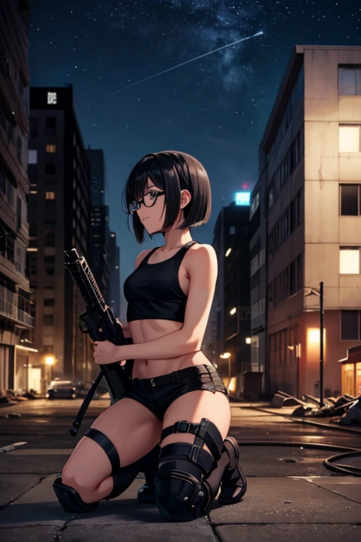 Anime Art、Full body portrait、Abandoned building rooftop at night、soldier、A dark-skinned woman, about 1, about 155 cm tall, wearing a black tank top and black shorts, kneeling and holding a sniper rifle、Glasses、headset、Hairstyle: Short bob、Black Hair、Crying face、Dark Eyes、boots、profile、Flat chest