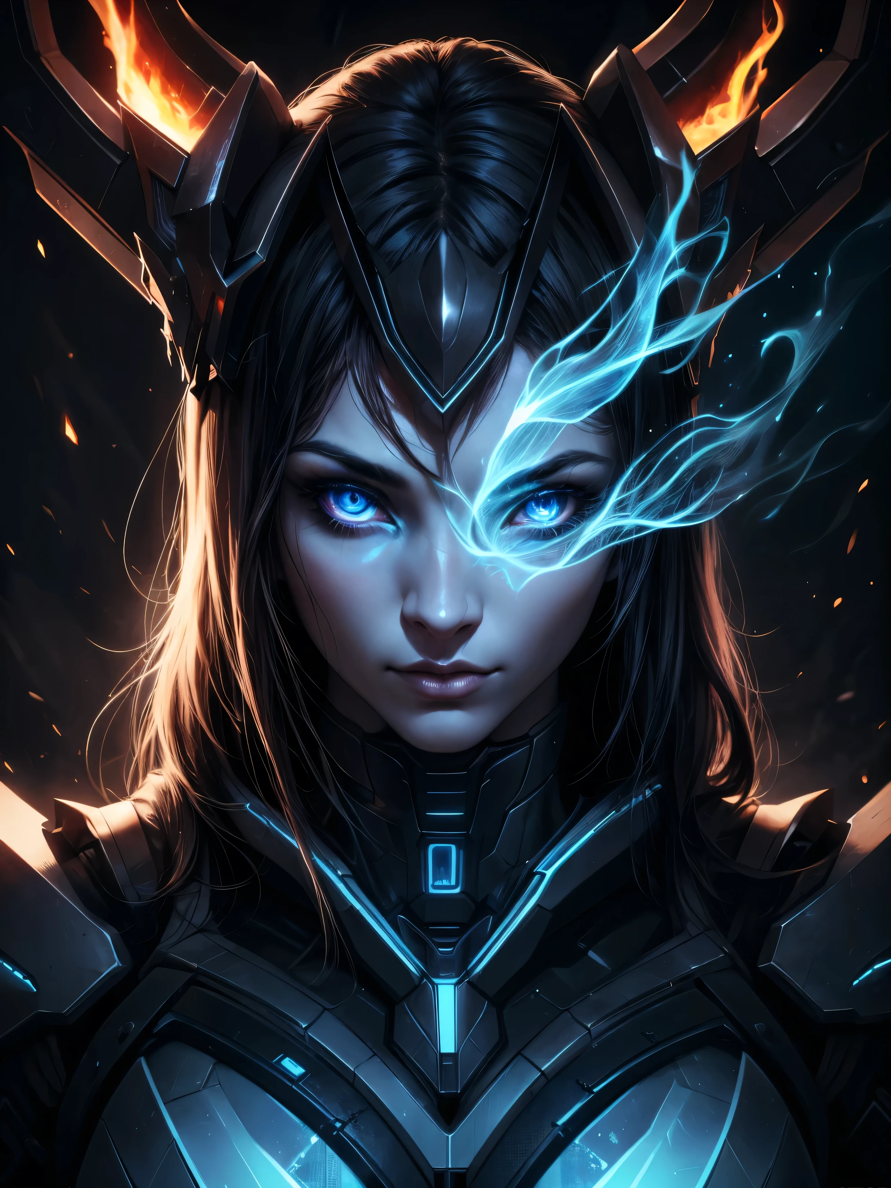 A celestial woman with her head engulfed in blue flames, a pair of macabre horns on her head, a sexy technological combat suit-clad body, vibrant colored glowing eyes, a hellish inspired scenario, (best quality,4k,8k,highres,masterpiece:1.2),ultra-detailed,(realistic,photorealistic,photo-realistic:1.37),detailed eyes,detailed lips,extremely detailed face,long eyelashes,portrait,dark fantasy,sci-fi,digital art,cinematic lighting,dramatic colors,chiaroscuro,moody atmosphere, ((head on fire)) 