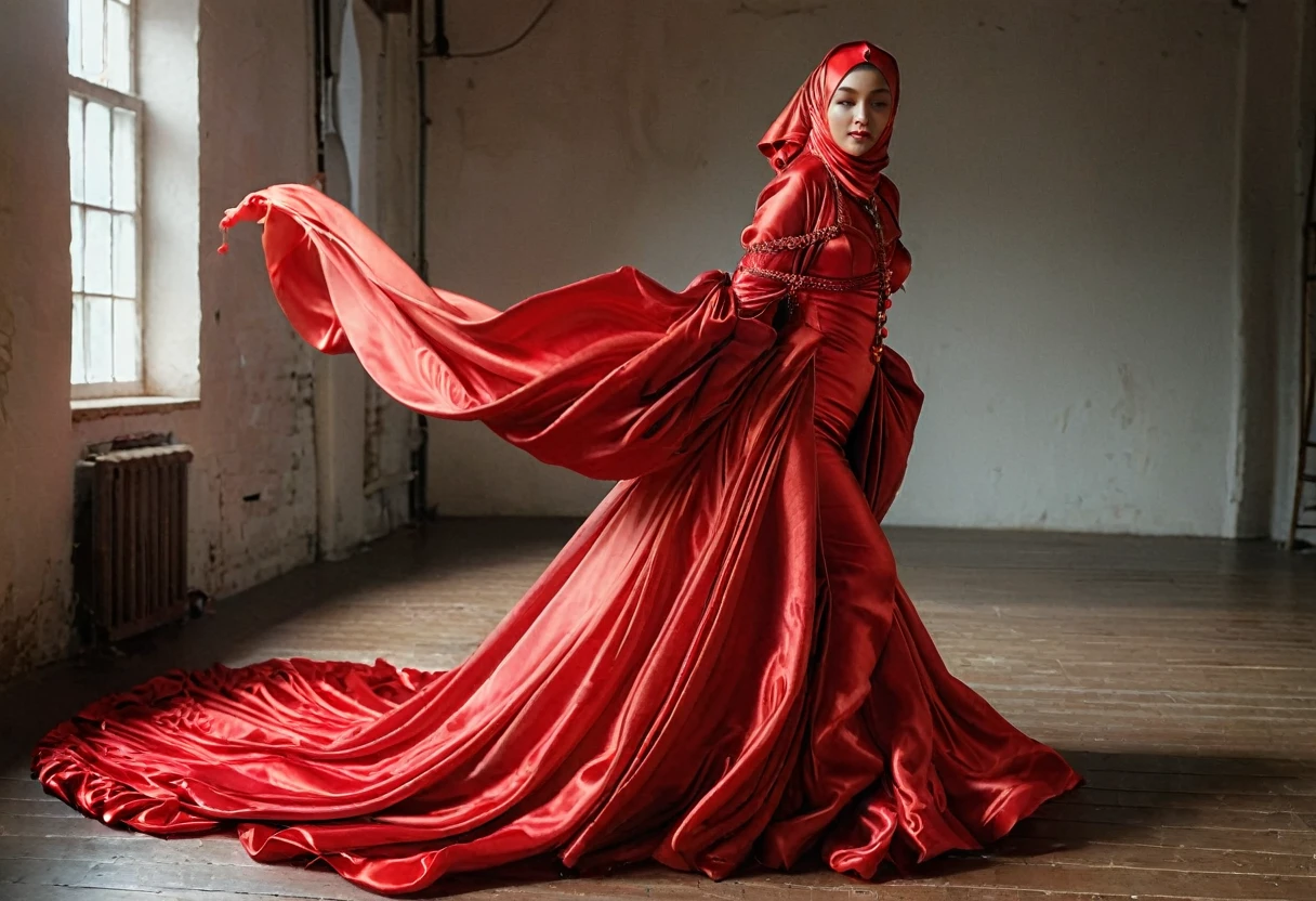 A woman shrouded in a 10-meter-long, plush red satin cloth, ballon sleeves, tightly bound and grandly draping along the form of her body, flowing off into a pooled floor-length train, styled in a mermaid-inspired outfit, her head modestly veiled in a satin hijab, 175 height woman, walk in photo studio, a full-body pose conveying a sense of elegance, captured in a 4k resolution, ultra-realistic