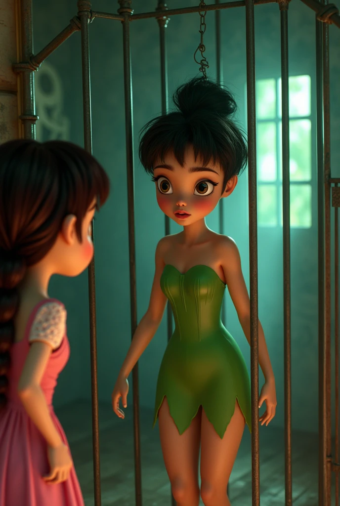 Pixar 4D image, tinkerbell exactly like the original, green dress, but with black hair, brown skin, dark shaped eyes, trapped in a cage with fear, with a cute Pixar girl looking at her from afar, girl behind tinkerbell , Out of the cage, with knee-length pink peasant dress, two braids in the hair, maroon hair, dark shaped eyes, Caucasian skin, in her room, tinkerbell bigger than the , suspense image
