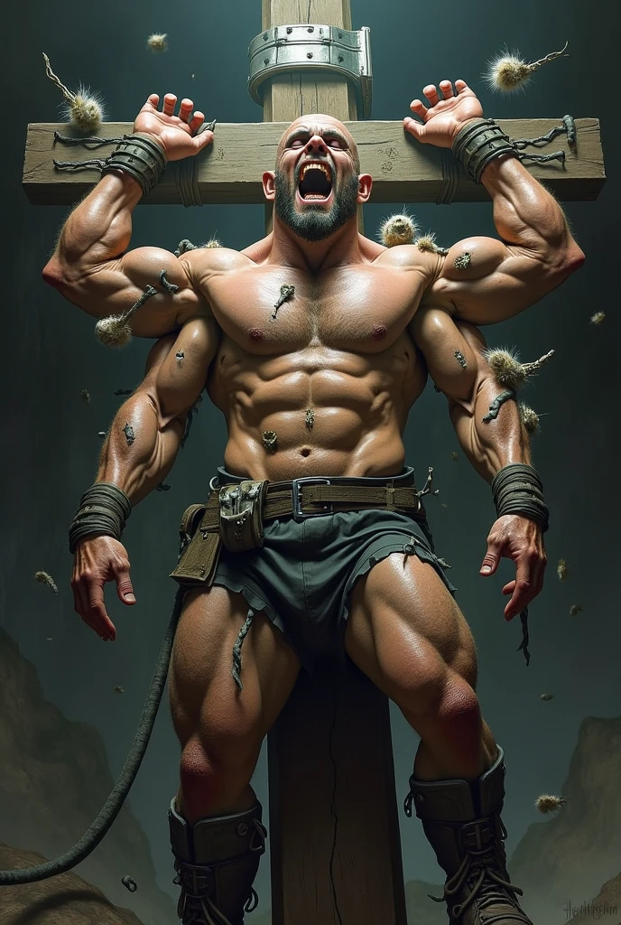 A handsome，Orc with abs tied to a cross，Shoes taken off，Revealing two big bare feet，Both feet are locked in the foot，Five toes tied with rope in foot，The hands were tied tightly to the wooden board.，His upper body was stripped，Wearing only a pair of trousers，Being tickled by a robot man，His armpits were constantly tickled by feathers.，The soles of his feet were being scratched by two brushes.，At the same time, two dogs were licking the bottom of his feet.。The toes are also tickled by many tentacles growing from the foot.。The abdomen is being tickled by a robotic arm，And he laughed，Struggling hysterically，Swinging his two feet，I want to escape from this nightmare.，But can only endure the punishment of being tickled。*（Have an expression of laughing like being tickled）