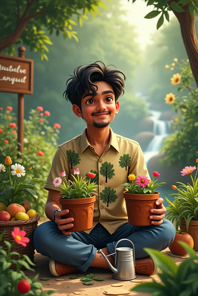 Imagine An indian 18-year old adult boy is sitting on a flower in the midst of flower garden and plants and is holding two flowers in his hands. He is holding two plant tub with two flowers and fruits with his two hands, the boy wears a shirt In which many trees and leaves are painted, He has no thick mustache but a mustache line, a light beard along the jawline, a smile on his face,And behind him is a stream flowing,in his one hand he wear a watch,In front of him is a watering can and some flowers and fruits held up in a basket.An entering board behind him reads "Naturelover_arijit".