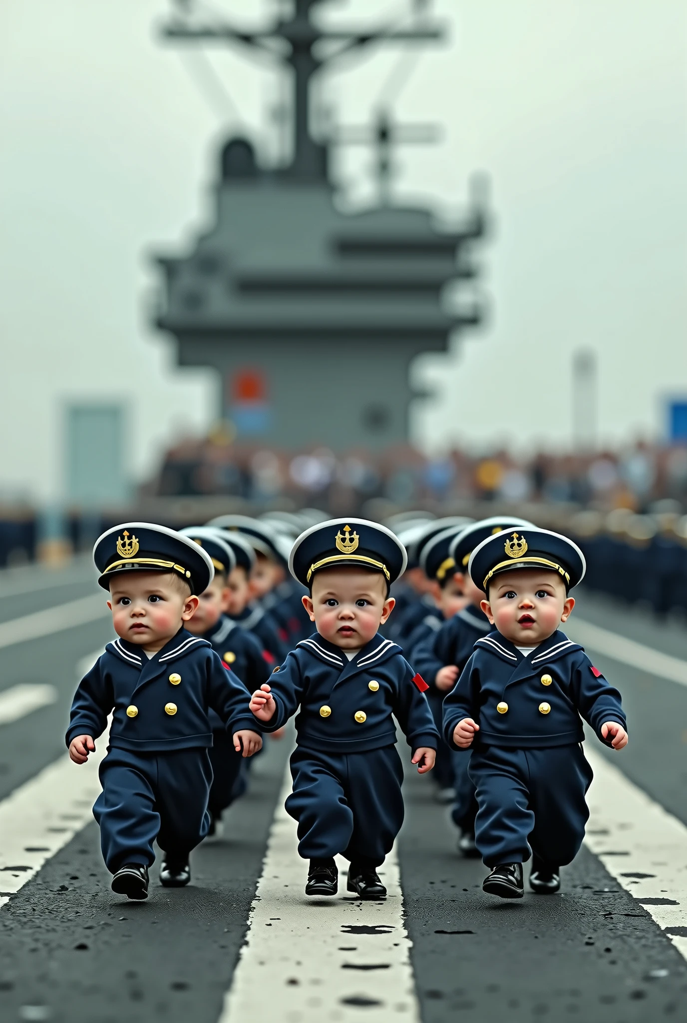  A battalion of newborns wearing Navy uniforms and sailor helmets walk down the landing strip of an aircraft carrier, just like real life.