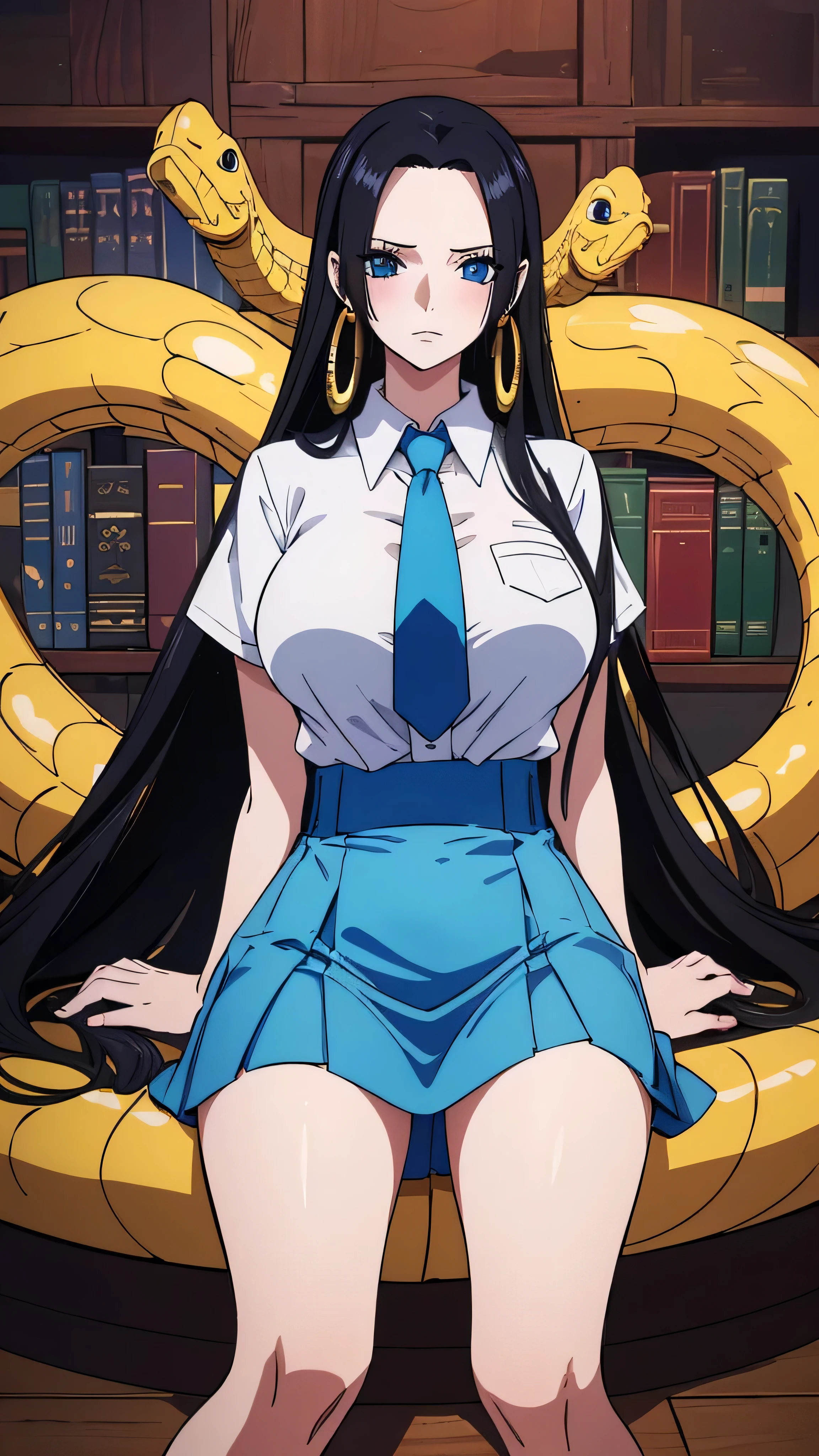 (high res, 8K, masterpiece, looking at viewer, best quality, very aesthetic, ultra detailed, ultra background, ultra Eyes) intricate details, 1girl, Boa Hancock, long black hair that extended past her waist with strands that framed her face up to her chin, revealing her high forehead, deep blue eyes, long and thick eyelashes, and pale skin, slender waist, enormous breasts, and a pair of large golden snake earrings, White short-sleeved shirt, Pockets on the left chest, Light Blue Gray short skirt, Blue Gray Tie, Sneaker Shoes, Normal Face, Cheeks Flushed, Background Library, Cinematic Angle
