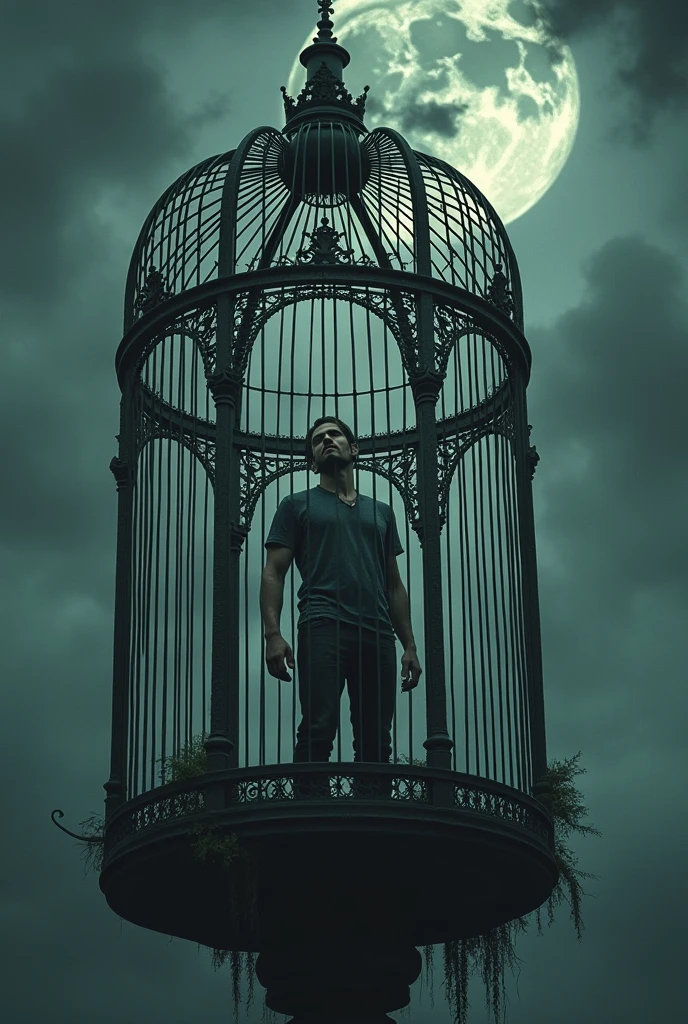 Deskripsi: "A dramatic book cover featuring a man trapped inside a large, ornate birdcage. The cage is set against a backdrop of a dark, foreboding sky with subtle hints of surrealism, creating a sense of confinement and despair. The man, dressed in modern but slightly tattered clothing, looks out of the cage with a mix of desperation and contemplation. The title 'Kehidupan Dalam Sangkar' is prominently displayed at the top or center in bold, yet elegant font, with colors that contrast sharply with the dark background."
Detail: Focus on the intricate details of the cage, the expression of the man, and the dramatic sky. Use a color palette of dark grays, blacks, and subtle hints of muted colors to enhance the atmosphere of entrapment and emotional tension.