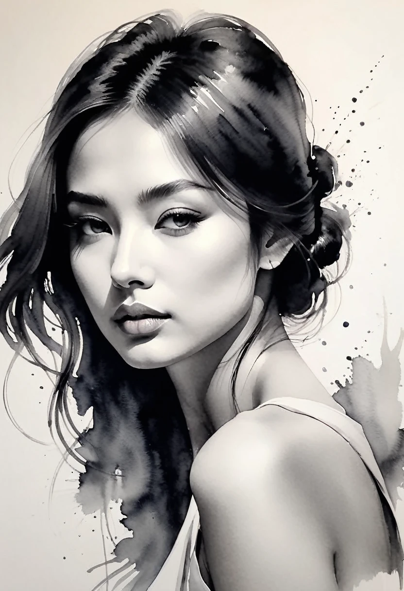daughter，ink painting，soft brushstrokes，Draw delicate lines with a pen，Fluid action，Subtle shades of paint，elegant posture，Calm gaze，delicate features，black andwhite，to clean