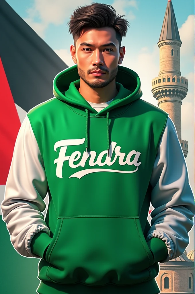 a man3d wear hoodie green white pop up name "fendra"handsome flag palestine background mosque