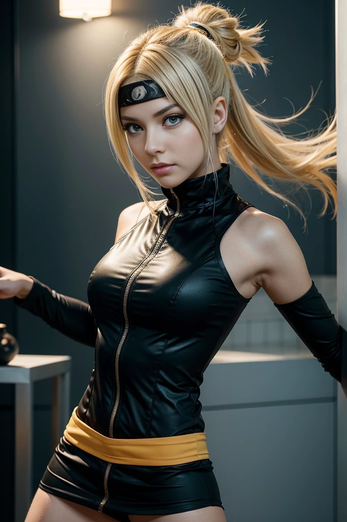 Create an image of a female version of Naruto Uzumaki from Naruto, wearing a stylish and dynamic dress. She should have bright blonde hair styled in a playful and slightly spiky manner, reminiscent of Naruto's signature look. Her eyes should be large, expressive, and filled with determination and energy, reflecting her spirited personality.

She is wearing a modern and fashionable dress that combines elements of Naruto's traditional outfit with a contemporary twist. The dress should be fitted to emphasize her athletic build, with a design that includes vibrant colors like orange and black, perhaps with subtle patterns or symbols that nod to her ninja heritage. The skirt of the dress should flow gracefully, adding a sense of movement and dynamism.

The scene should showcase her in a confident and lively pose, with energetic lighting that highlights the textures of her dress and the details of her outfit. The overall effect should be a perfect blend of elegance and action, capturing both her heroic spirit and her stylish presence. Best image ever, photo-realistic, best quality, highest quality, 8k resolution, perfect image.
