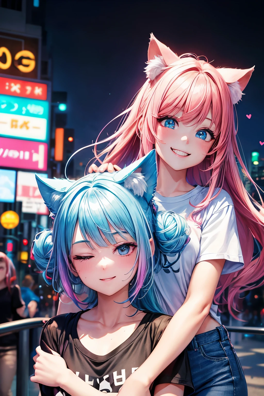 Best Quality, 2girls.High Resolution, Perfect Human Structure, Focus on Background, Neon Color, looking up at viewer, iridescent hair, bun head, shiny hair, cat ears, smiling heart shaped eyes, side bangs, shiny hair, upper teeth, winking, gradient eyes, t-shirt, t-shirt jeans, city, one eye closed