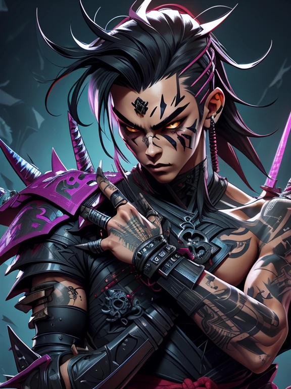Gothic Male、Samurai Style、armor、Tattoo, Vivid colors and、rock, Punk spikes on the wrist, futuristic semi-cyborg, Front only,