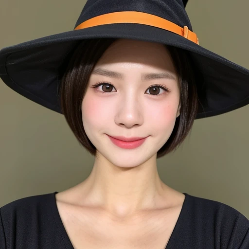 (kawaii 24 year-old Japanese girl, Nogizaka idol, Korean idol), healthy female athlete body, (glossy brown hair, short hair, pixie cut, bangs:1.3), (rounded face, beautiful black eyes, single eyelid, no makeup:1.2), (looking at viewer, soft smiling), (wearing witch's hat, long sleeved witch's costume:1.3), perfect shaped extra small breasts, BREAK, (lodge background, halloween pumpkin on back:1.2), (dynamic angle, bust shot:1.3), BREAK, (masterpiece, best quality, photo realistic, official art:1.4), (UHD, 8K quality wallpaper, high resolution, raw photo, golden ratio:1.3), (shiny skin), professional lighting, physically based rendering, award winning, (highly detailed skin, extremely detailed face and eyes, anatomically correct), Carl Zeiss 85 mm F/1.4, depth of field, 1girl, solo,