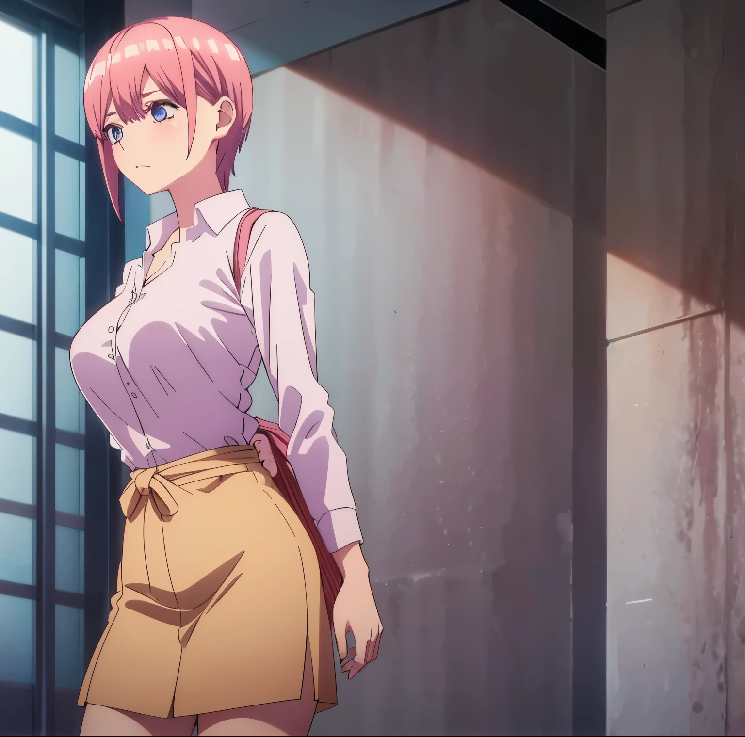 1 girl, solo, ichika nakano, short hair, salmon pink hair, blue eyes, soft and light skin, detailed eyes, looking at viewer, pink hair, earrings, standing, dull yellow shirt, Shirt, neckline, chest supported, lips parted, no pants, naked shirt, dress shirt, sexy body, curvy body, dynamic pose, bag, bangs, ladder, high quality, big breasts, medium waist , wide hips, medium thighs, interior, bedroom, Japanese style room, (1 girl), (solo), standing, best quality, ultra detailed, masterpiece, from the front, ((focus on breasts)), (breasts round) point of view (from the front), perfect anatomy, perfect hands, sexy girl, Nude, hot, Crossover, Star-lord, mask, superheroe, magic, romance.