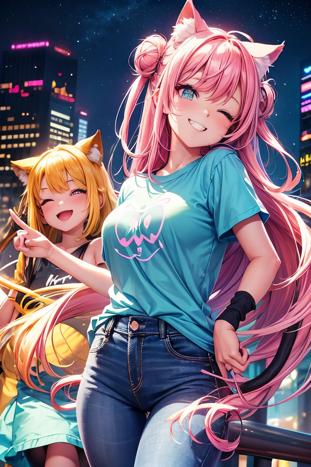 Best Quality, 2girls.High Resolution, Perfect Human Structure, Focus on Background, Neon Color, looking up at viewer, iridescent hair, bun head, shiny hair, cat ears, smiling heart shaped eyes, side bangs, shiny hair, upper teeth, winking, gradient eyes, t-shirt, t-shirt jeans, city, one eye closed