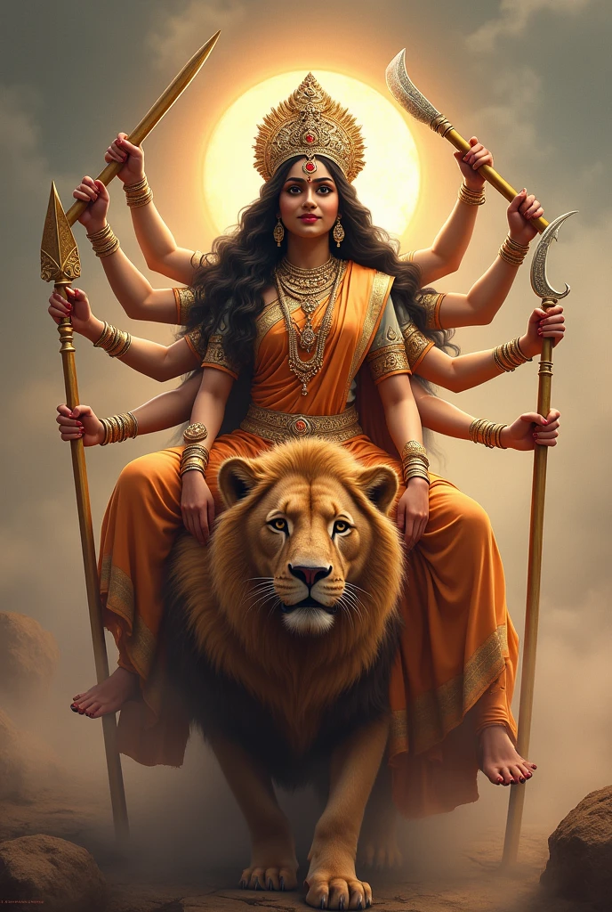 Maa durga sitting on lion with the 8 hands with smile on the face and all weapons wearing Shari with infinite background