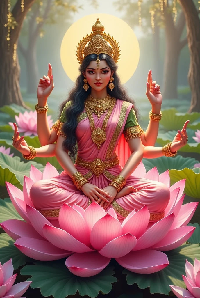 A beautiful picture of indian goddess mahalaxmi sitting on lotusin pink saree with blessing from hand and other lotus surrounding.