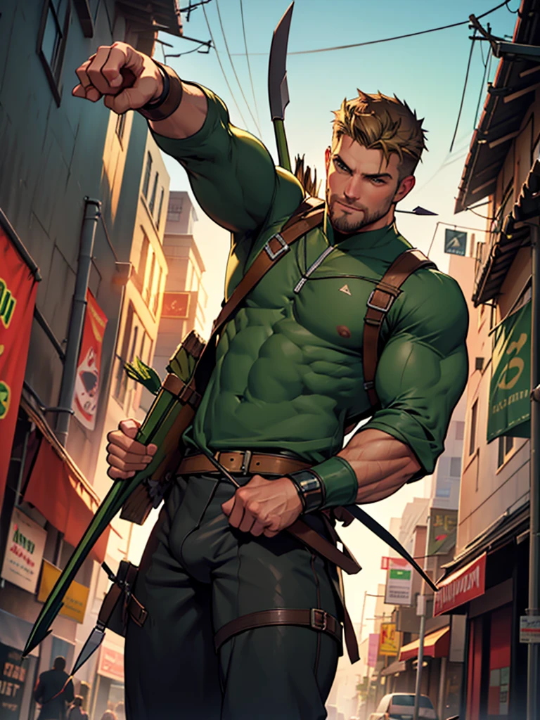 NSFW, 32k, high quality , detailed face , detailed fingers ,detailed muscles stephen amell as green arrow , wearing blackish green outfit , showing a dark blond short hair , a thick facial hair like daddies, a bulge ,hunk and handsome, shooting his arrows with a bow toward the ennemies , in action , with the quiver on his back full of arrows background sky and city at night