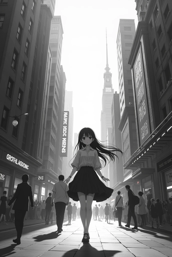 An anime girl with a cityscape that the girl is walking in black and white