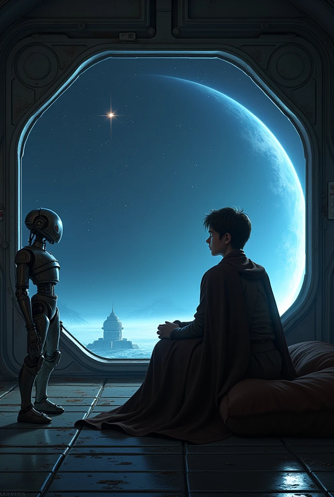 Star Wars' Cal Kestis sits by the window of his spaceship Mantis, looking out into deep space. Next to him stands his faithful robot BD-1.