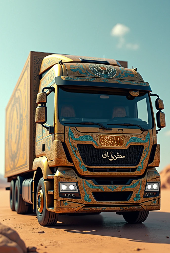 Create an image in which there is a truck and the design of the truck is based on the Quran Sharif and modified from the Quran Sharif